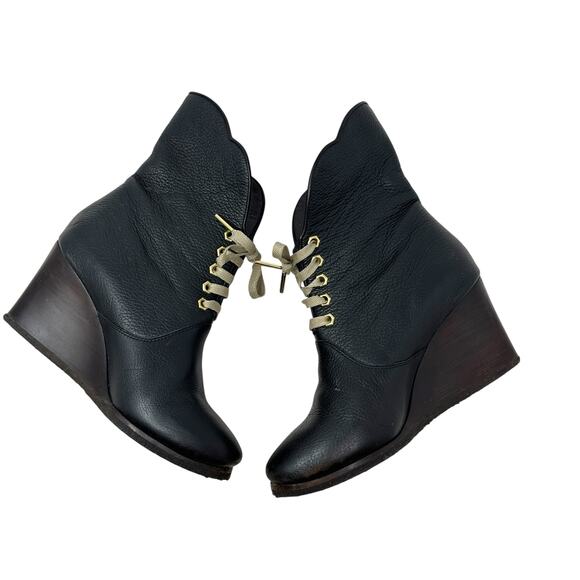 Chloe Kole Wedge Booties Boots Leather Lace-Up Black Size 36.5 US 6.5 - Picture 2 of 16